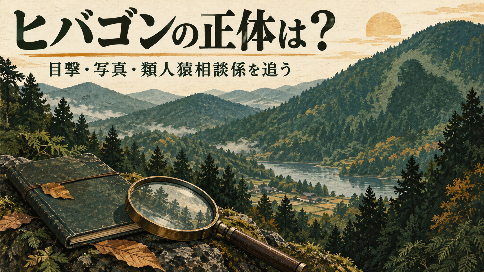 ヒバゴンの目撃・写真・類人猿相談係を追う記事の表紙。山並みと調査ノートのイラスト