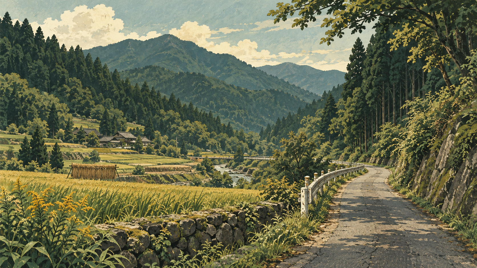 山林と畑の間を曲がる道を描いたイラスト