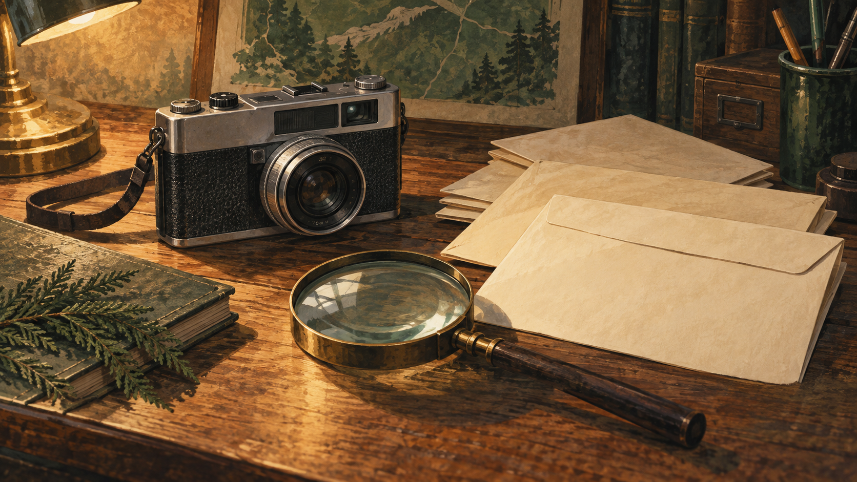 フィルムカメラと資料用の封筒、虫眼鏡を描いたイラスト