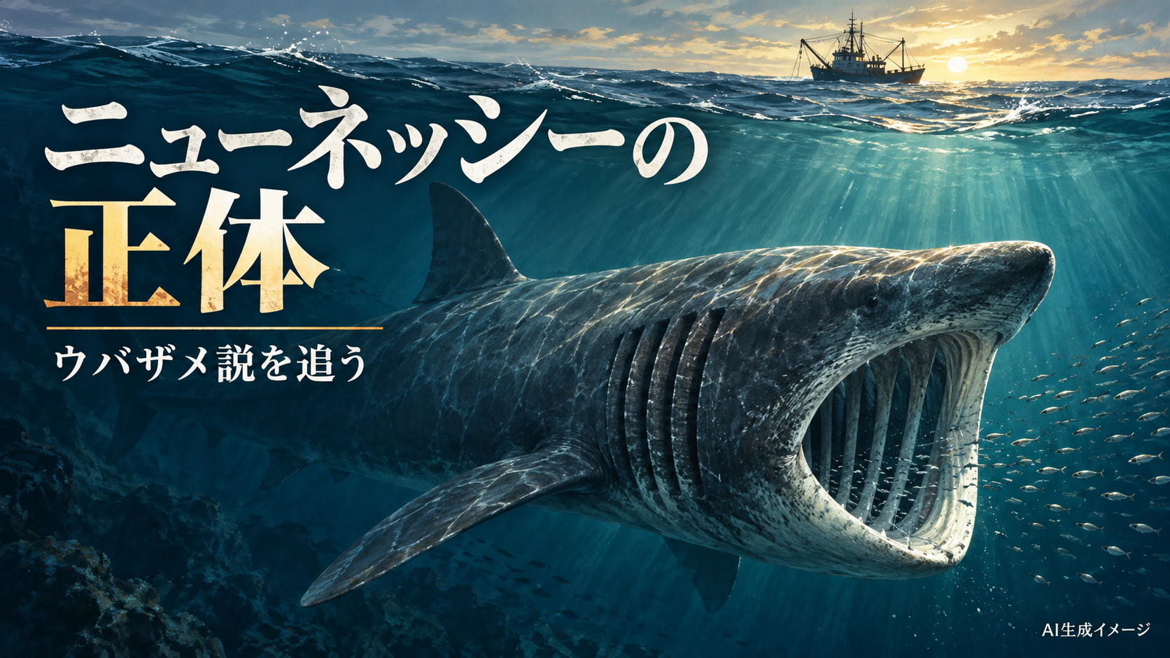 海を泳ぐウバザメを描いたAI生成イメージ。瑞洋丸事件の実際の写真ではありません。