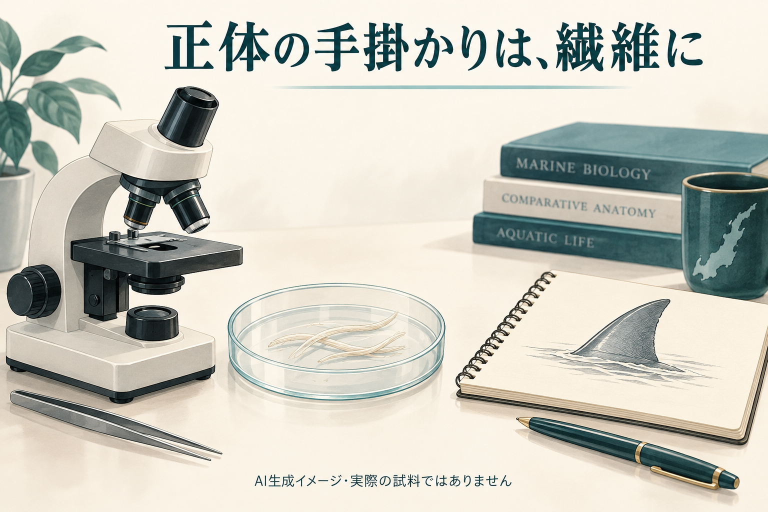 顕微鏡と繊維状の試料を描いたAI生成イメージ。実際の試料ではありません。
