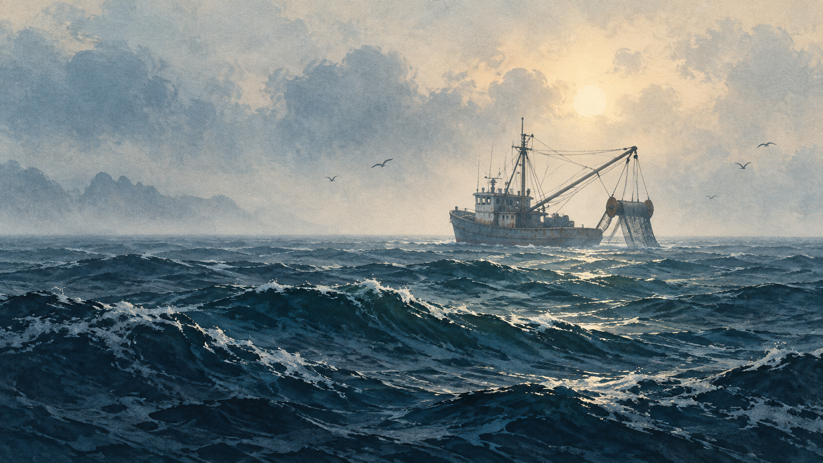 海上のトロール船を描いたイラスト