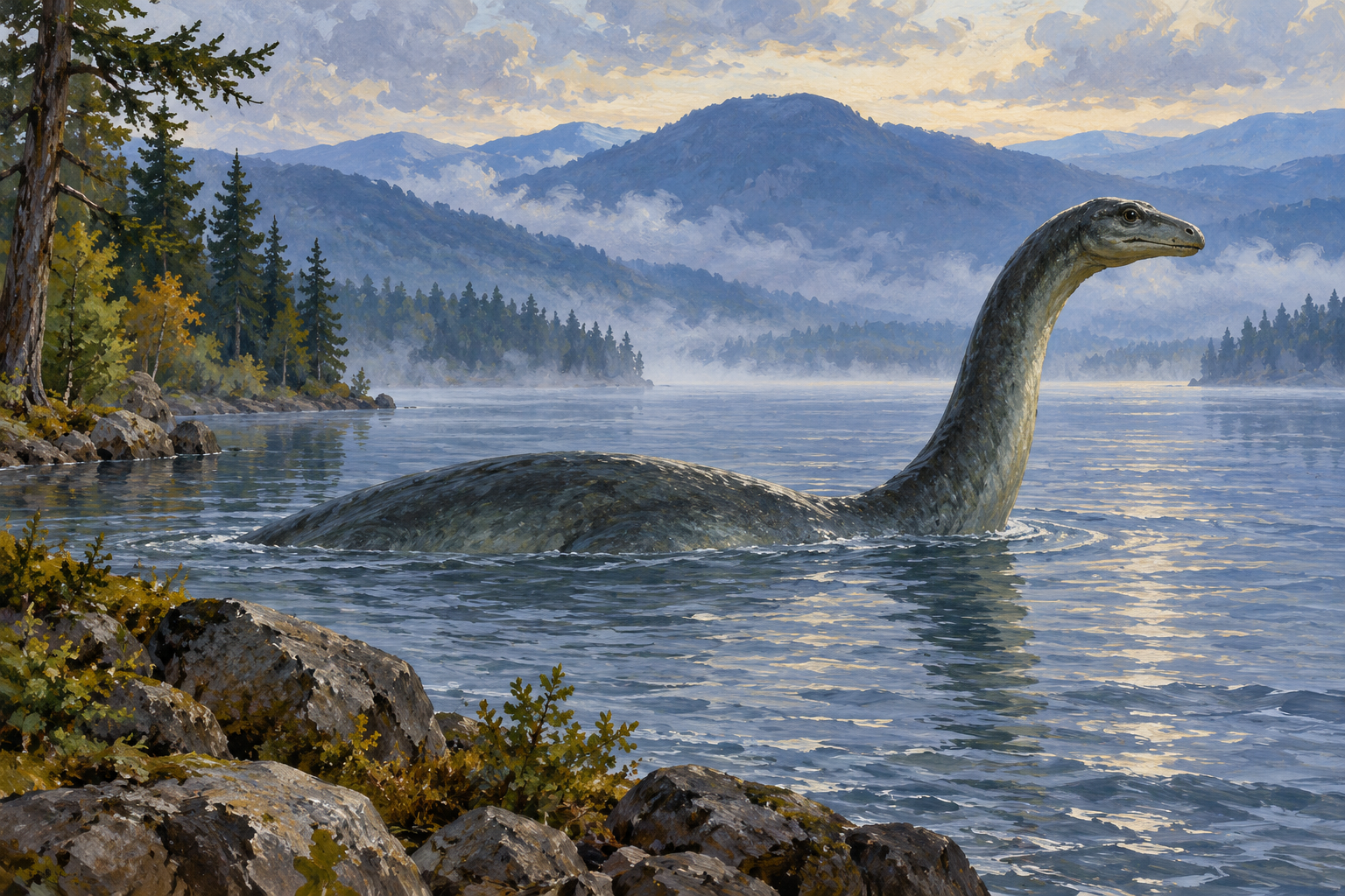霧の湖で首を持ち上げるチャンプのイラスト