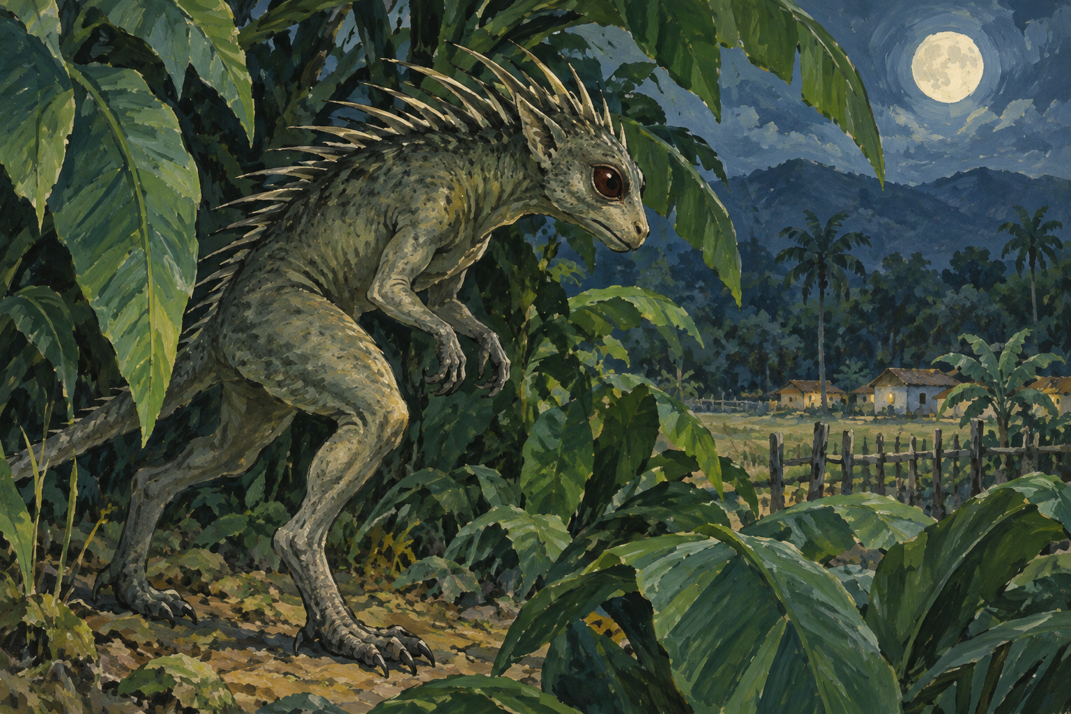 熱帯の植物の間から姿を見せる二足歩行のチュパカブラのイラスト