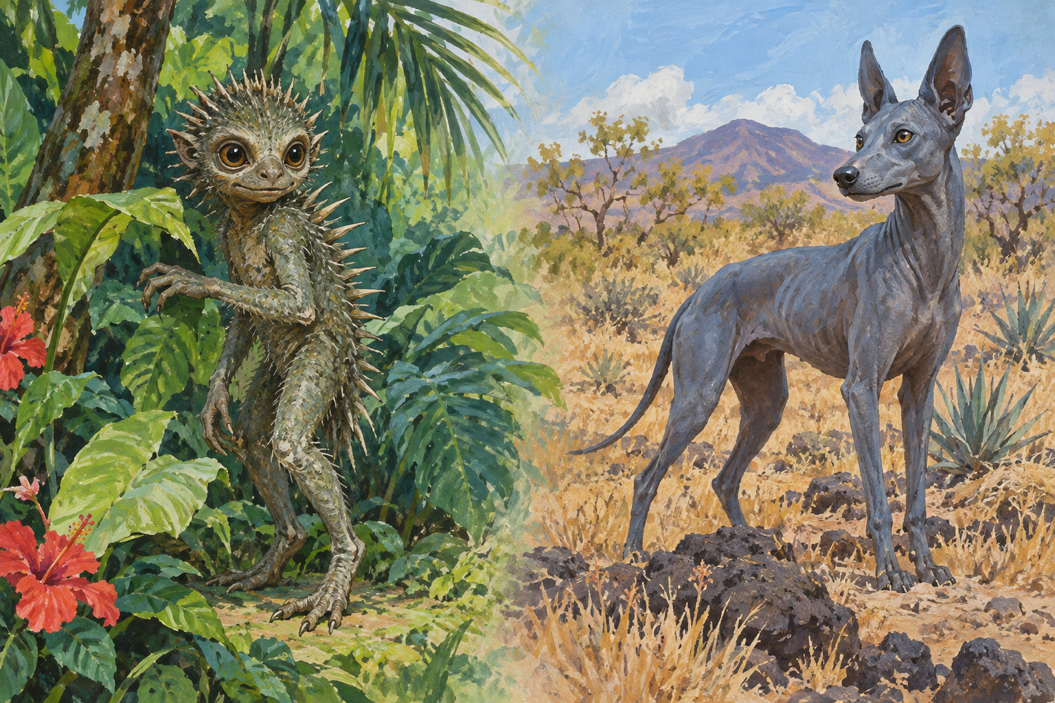 二足歩行の怪物と犬状の獣というチュパカブラの二つの姿を並べたイラスト