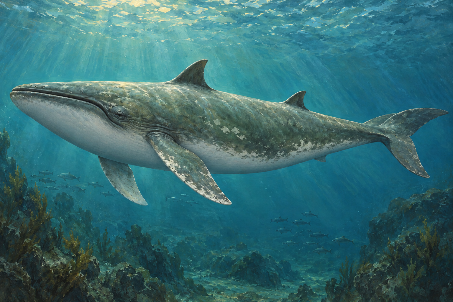 水中を泳ぐ二つの背びれを持つクジラの想像図