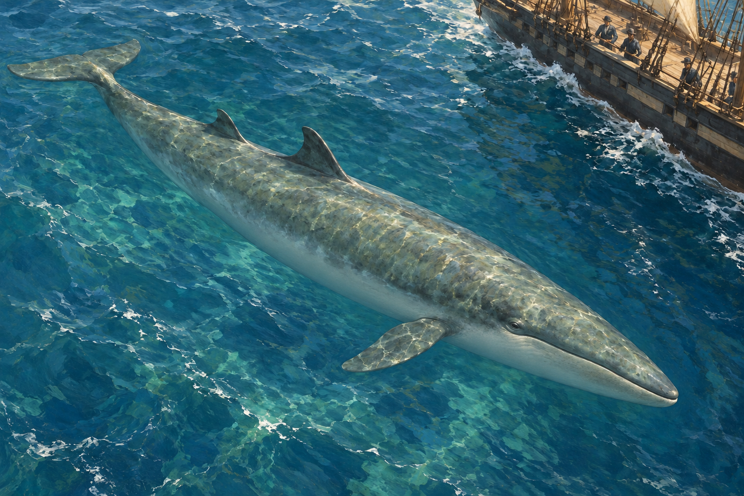 船のそばを泳ぐ二つの背びれを持つクジラの挿絵