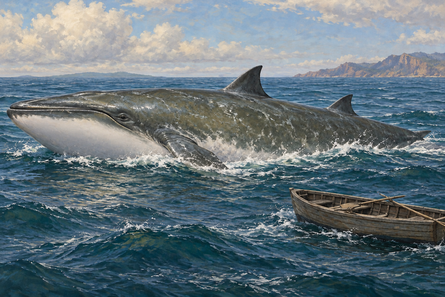 小舟の近くで体を傾ける二つの背びれのクジラの想像図