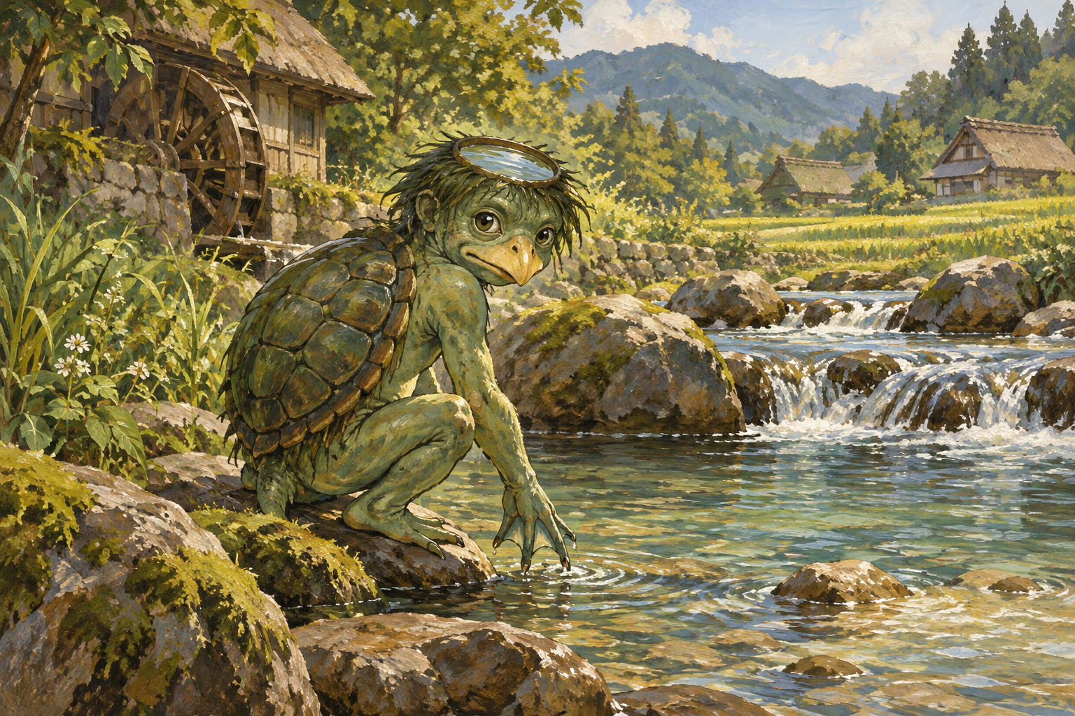 明るい川辺で振り返る河童のイラスト