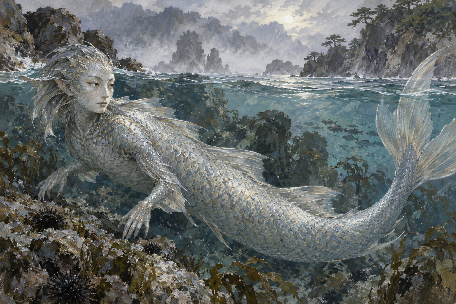 薄暗い海中から顔をのぞかせる人魚のイラスト