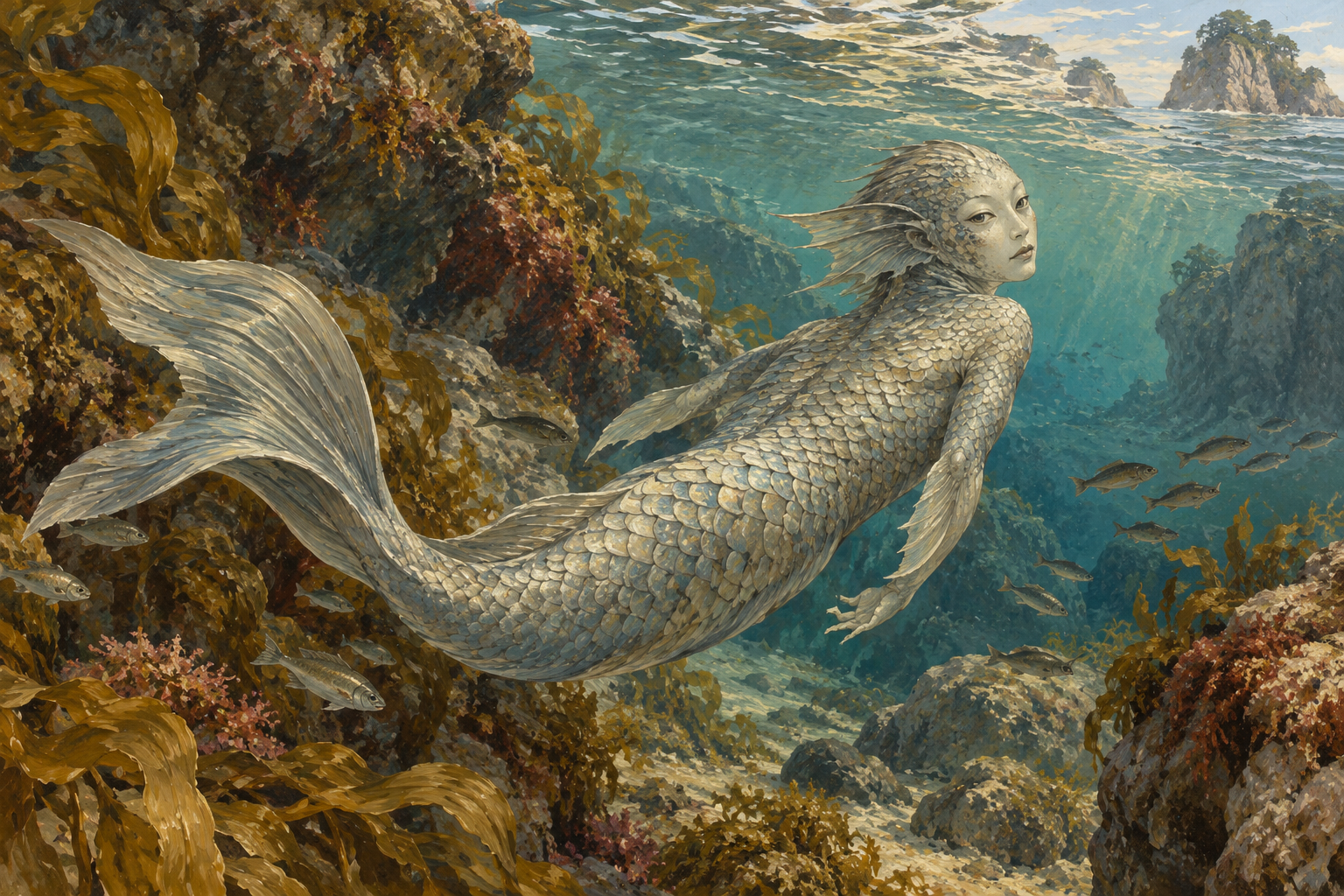 明るい海を振り返る人魚のイラスト
