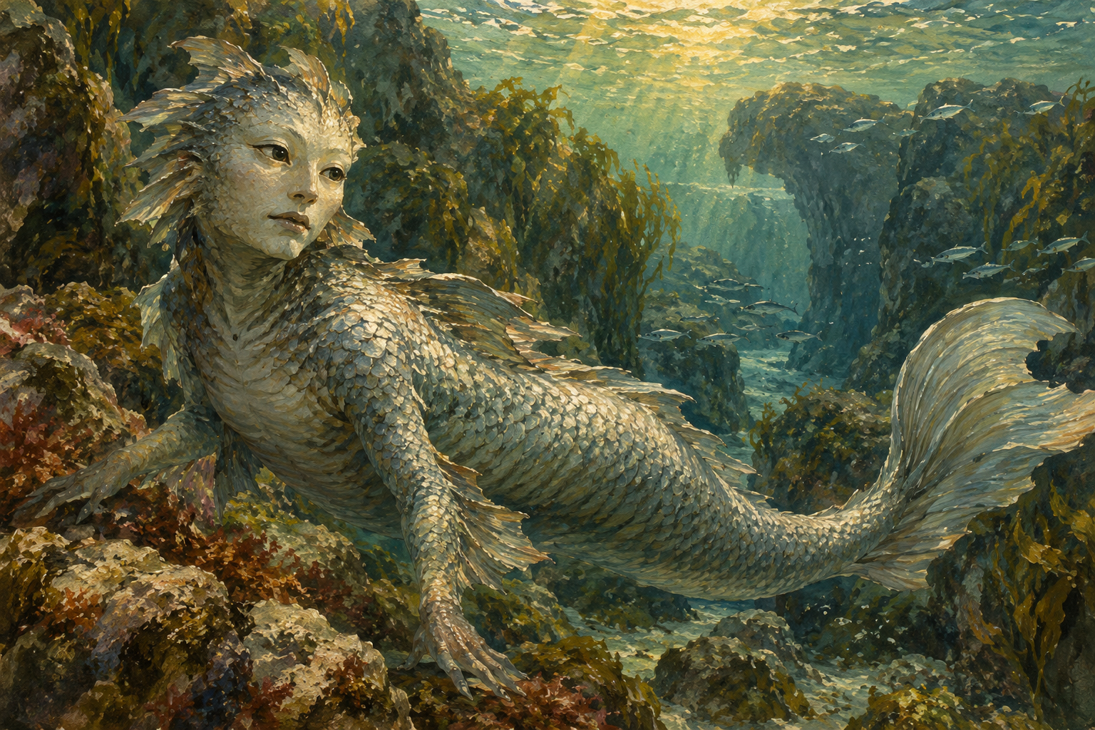 岩場の海中に棲む人面魚の人魚のイラスト