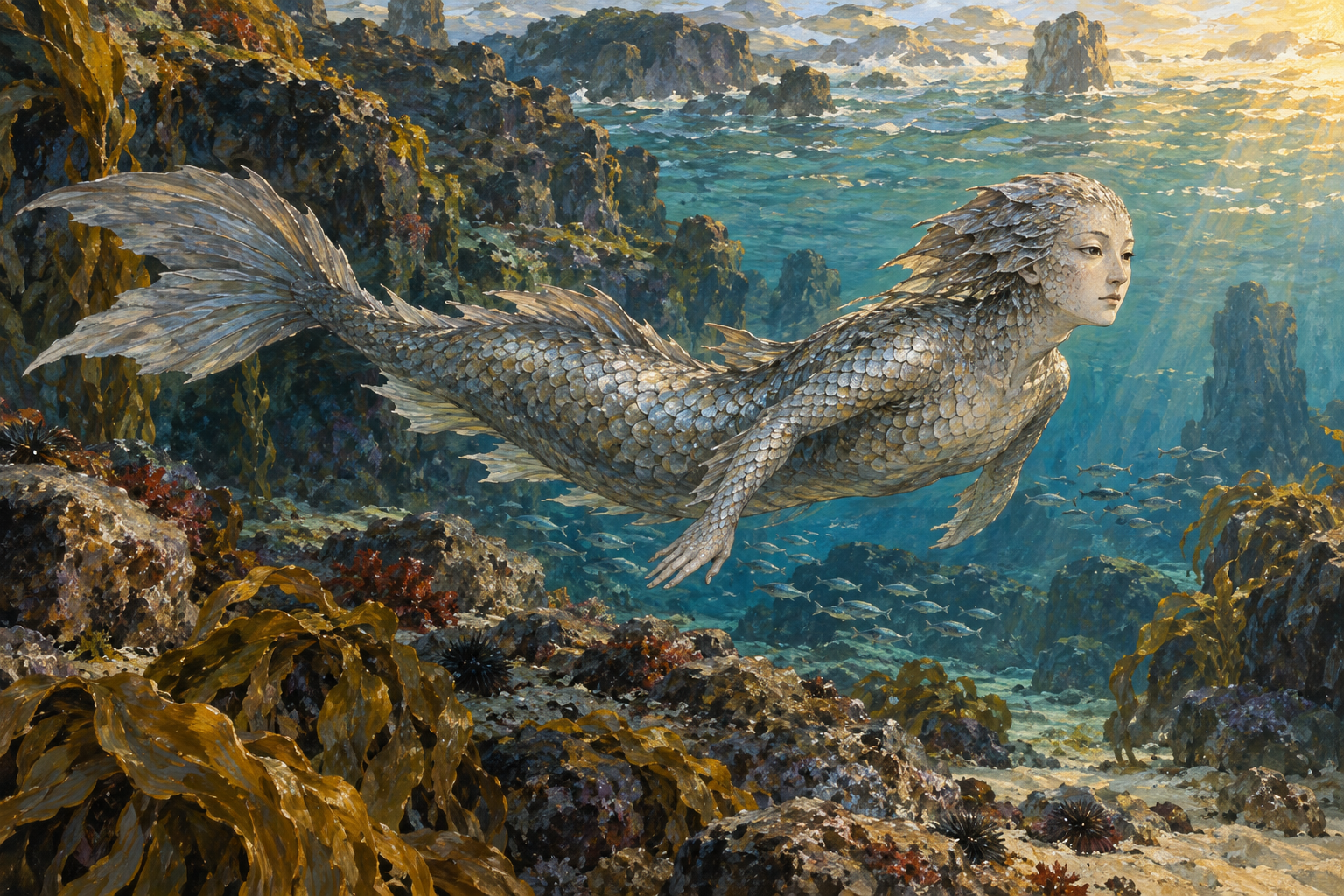 波の下を泳ぐ人魚のイラスト