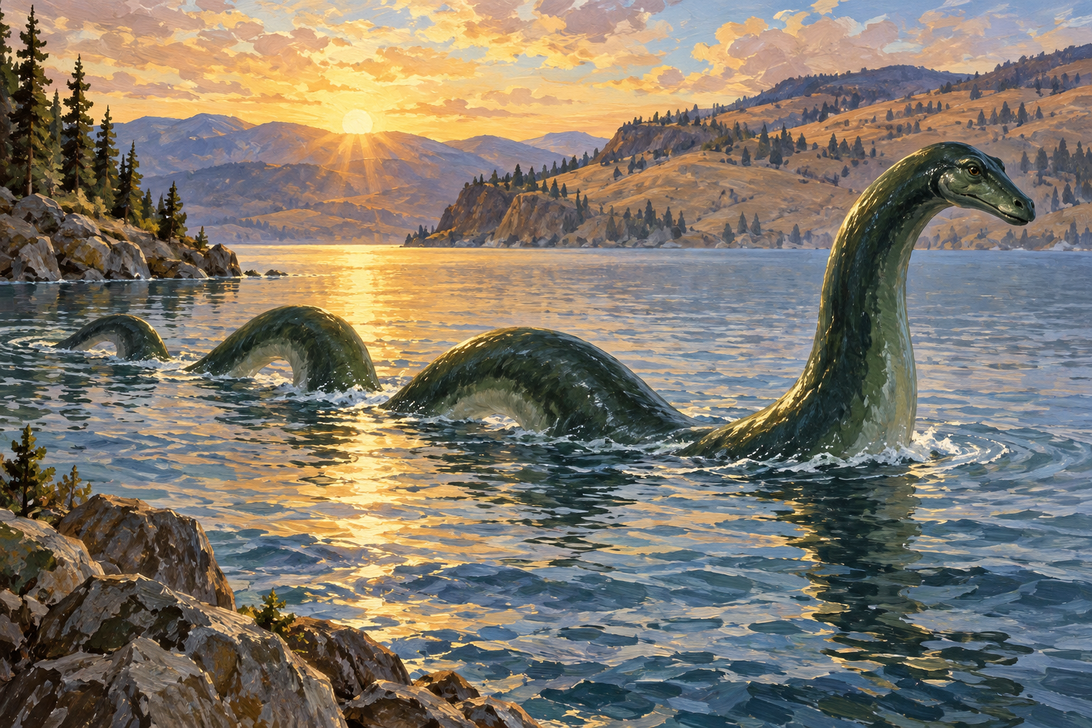 カナダの湖に長い体を浮かべるオゴポゴのイラスト
