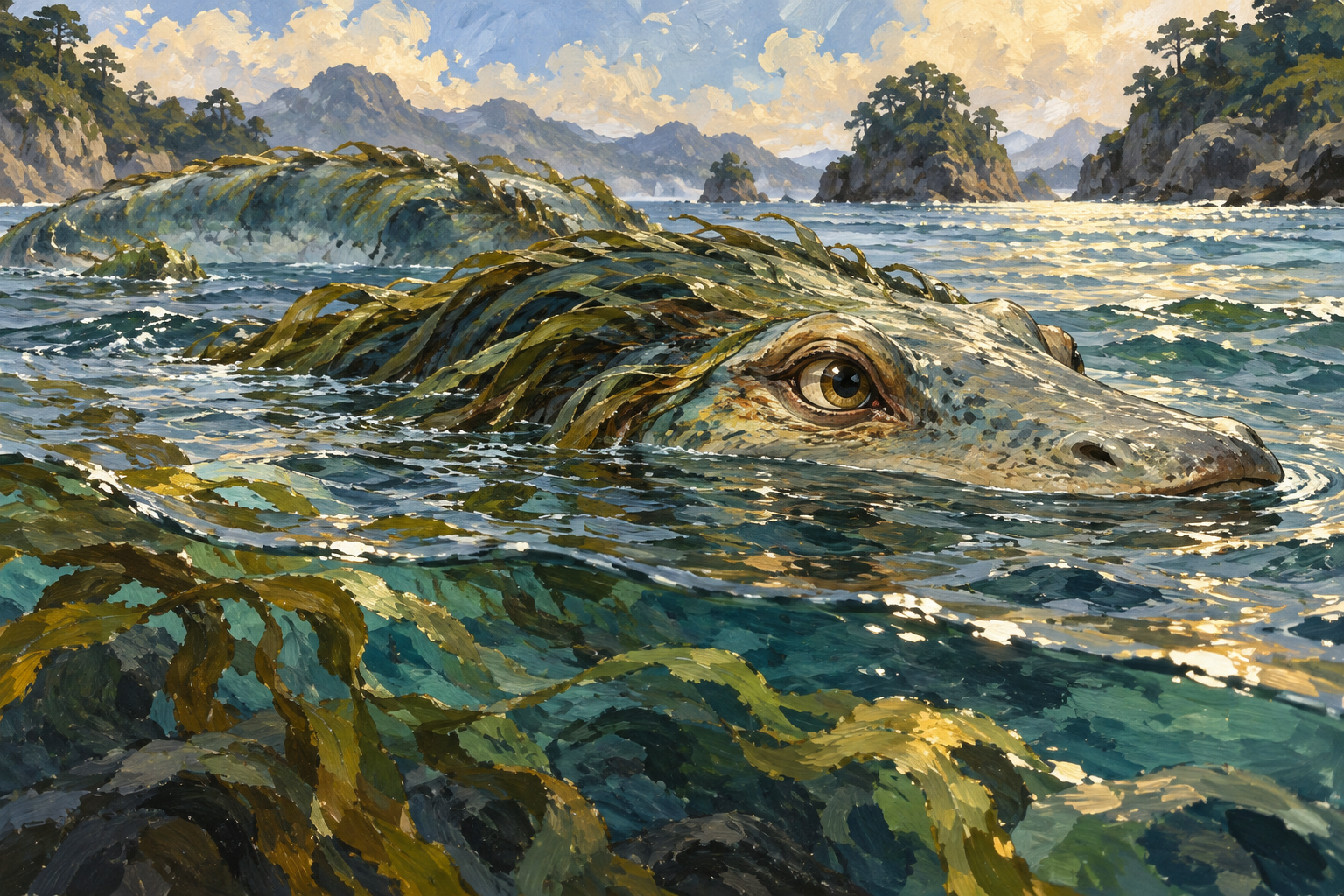 海藻のようなたてがみを持つ海蛇の頭部を描いた挿絵