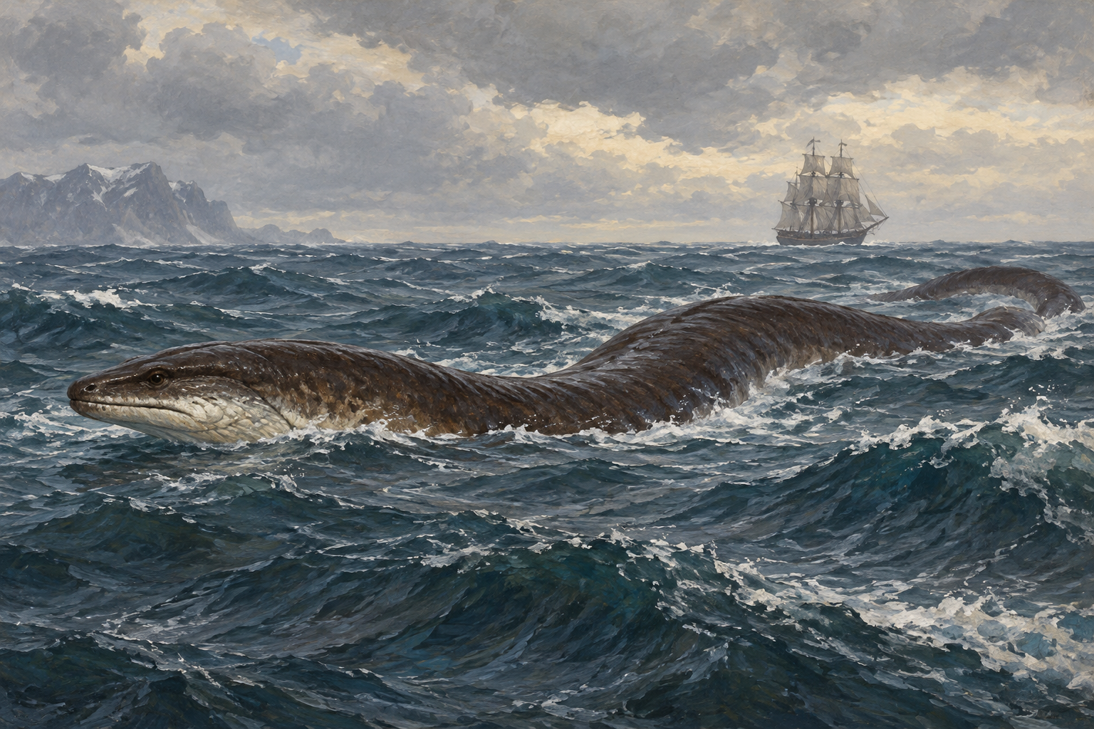 曇り空の海を進むシーサーペントと帆船を描いた挿絵